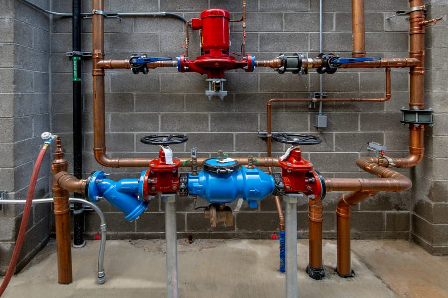 Commercial plumbing system with professionally installed valves, meters, and copper piping.